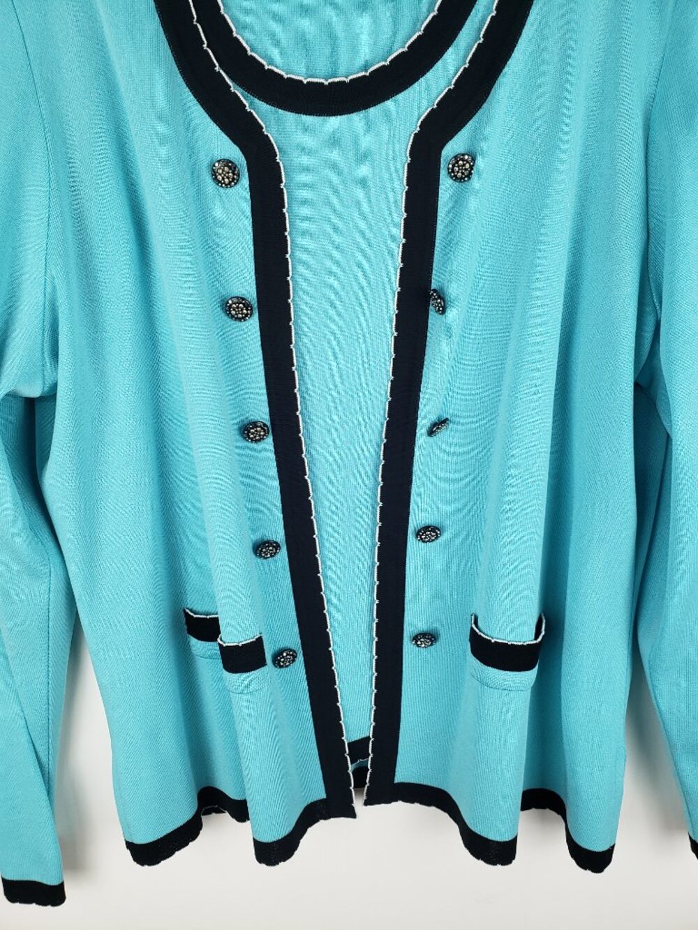 Exclusively Misook Twinset Teal Aqua Black Scalloped Jewels Womens L/XL - Picture 6 of 12